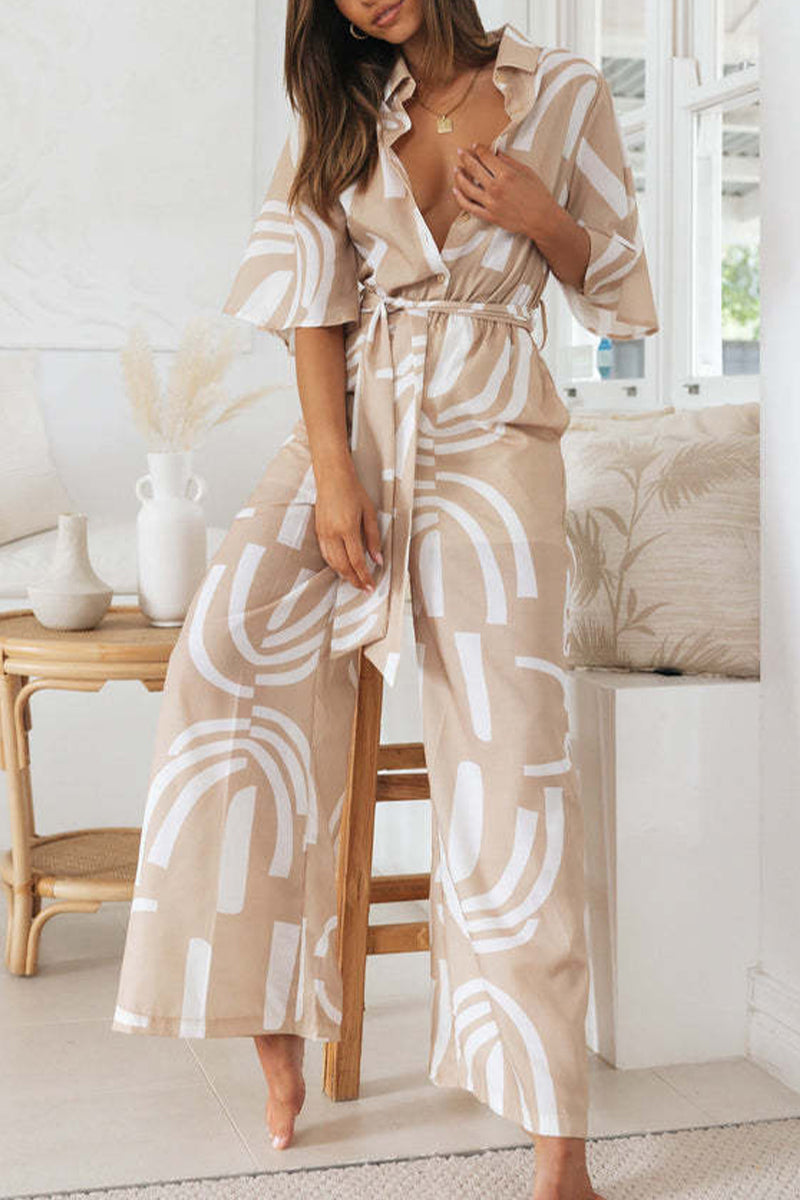 Geometric Print Frenulum Turndown Collar Loose Jumpsuits