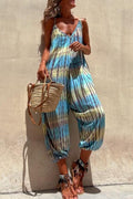 College Print Pocket V Neck Loose Jumpsuits