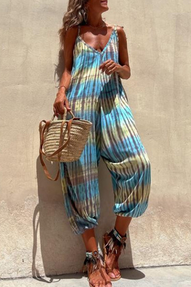 College Print Pocket V Neck Loose Jumpsuits