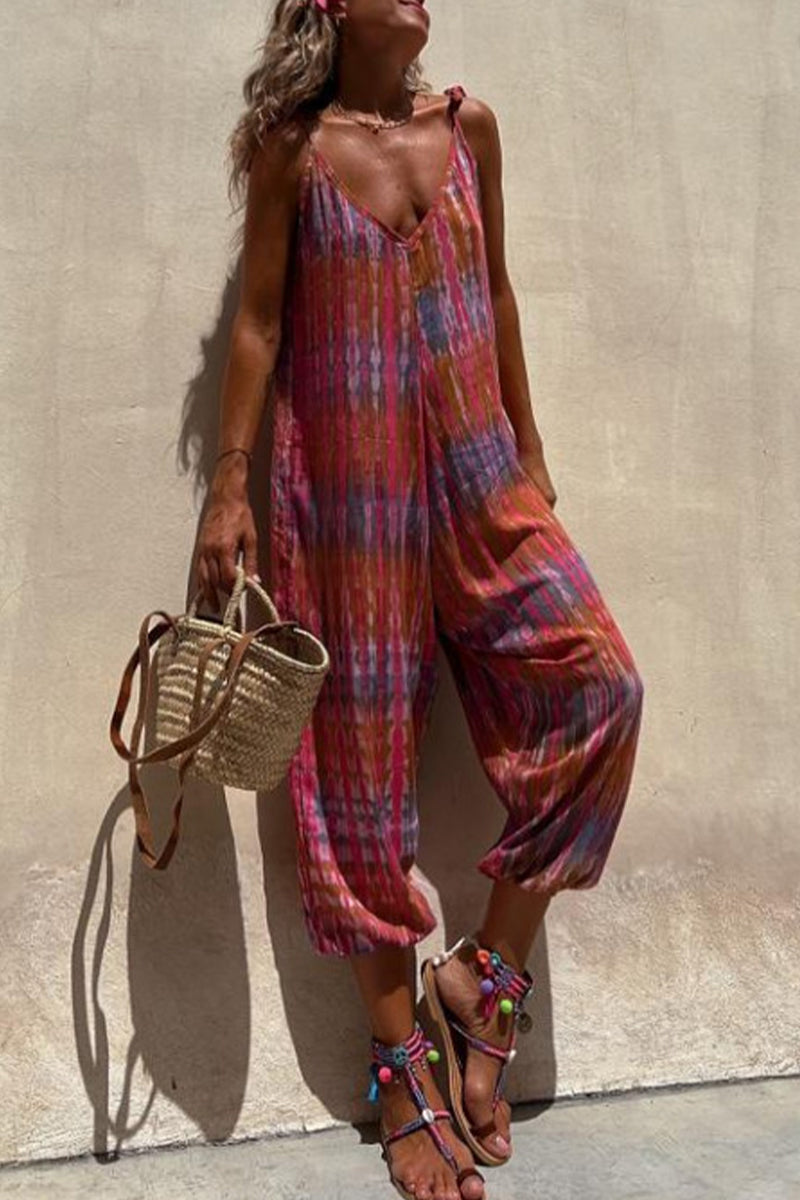 College Print Pocket V Neck Loose Jumpsuits