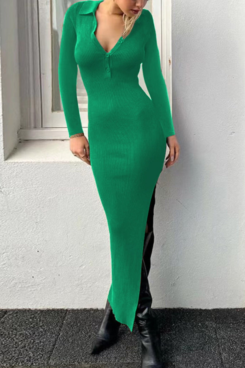 Buttons Slit Turndown Collar One Step Skirt Dresses(6 Colors)
