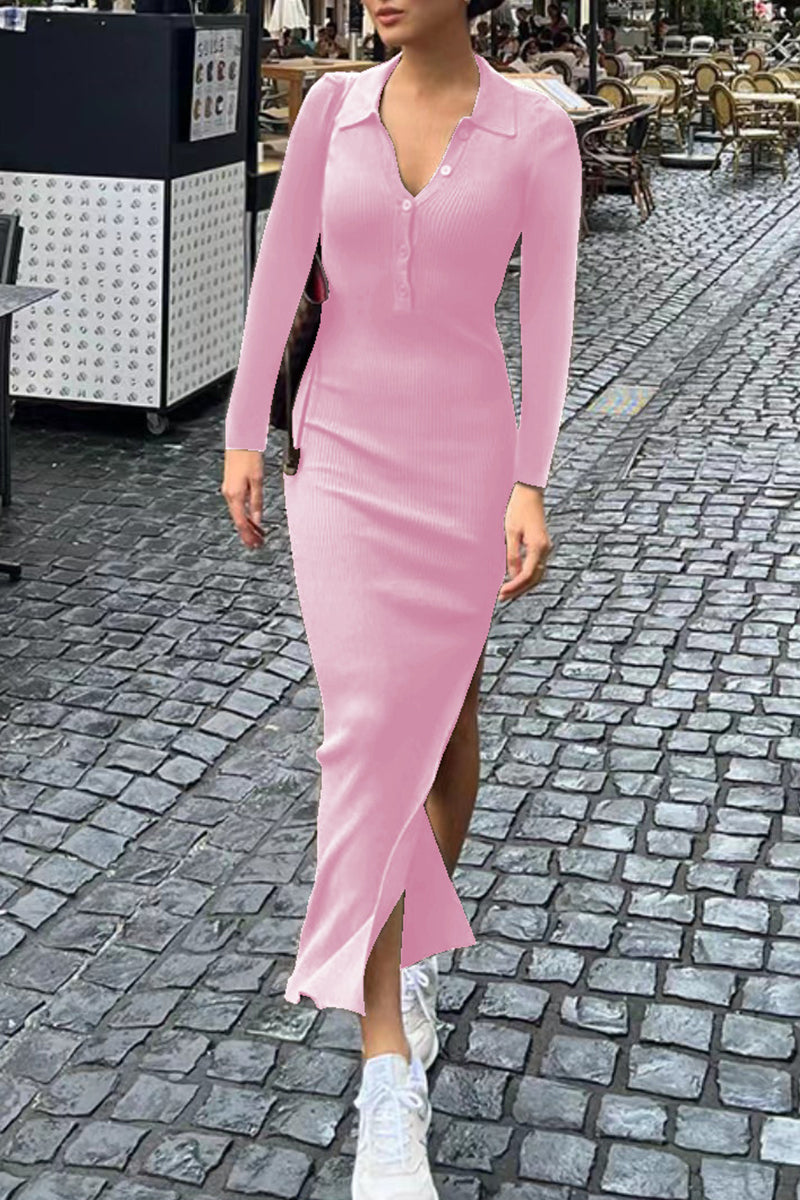 Buttons Slit Turndown Collar One Step Skirt Dresses(6 Colors)