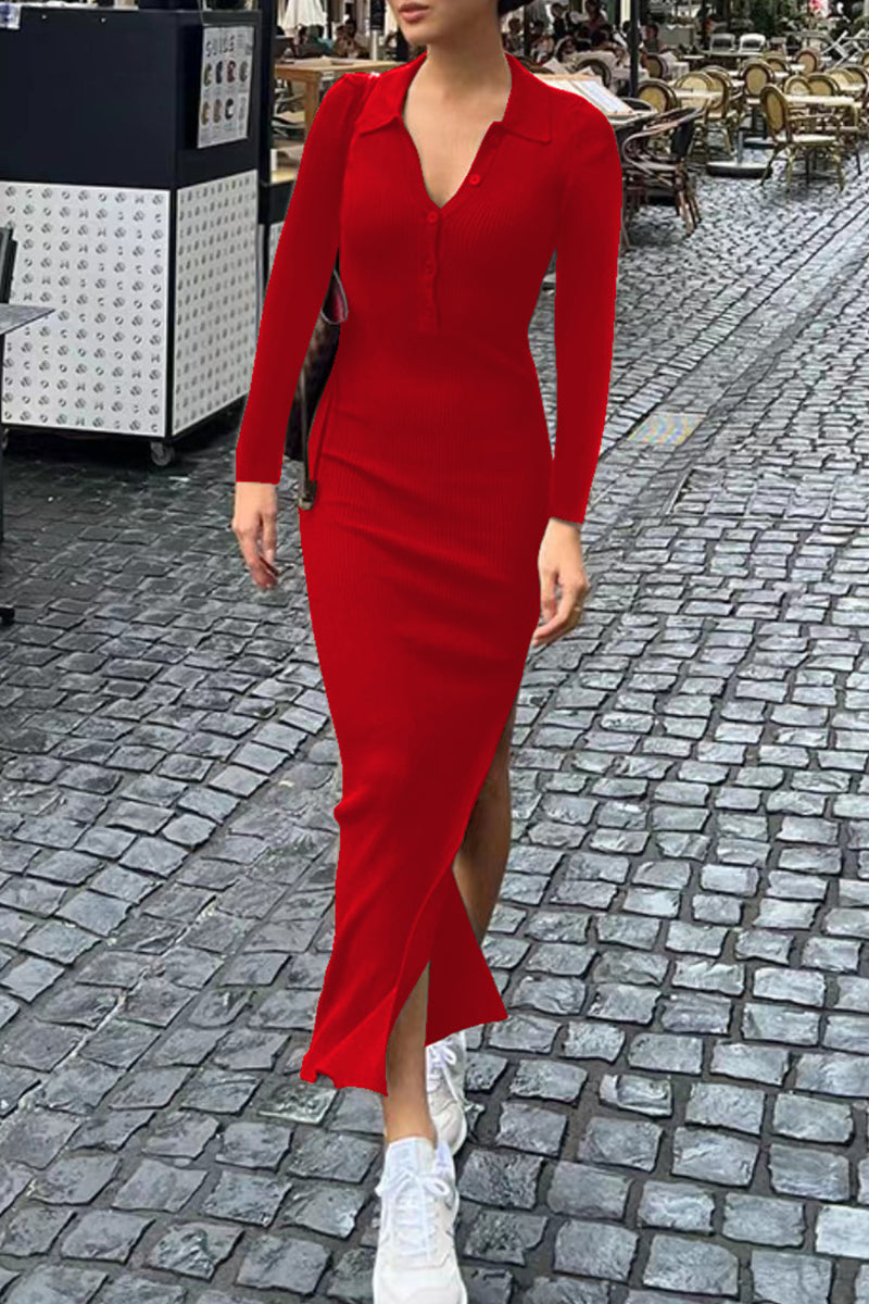 Buttons Slit Turndown Collar One Step Skirt Dresses(6 Colors)