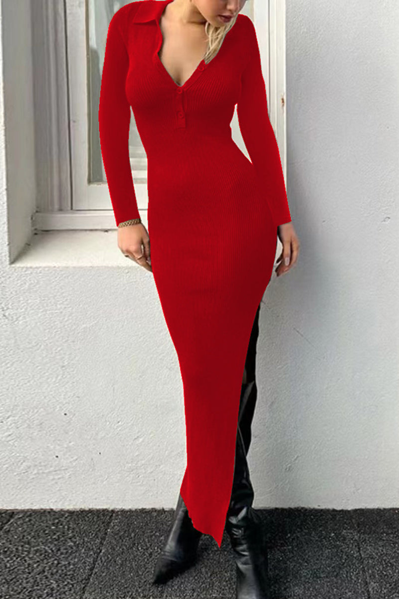 Buttons Slit Turndown Collar One Step Skirt Dresses(6 Colors)