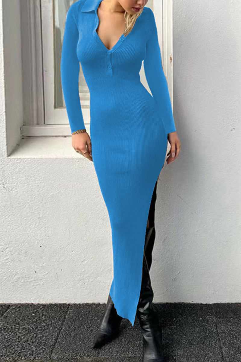Buttons Slit Turndown Collar One Step Skirt Dresses(6 Colors)