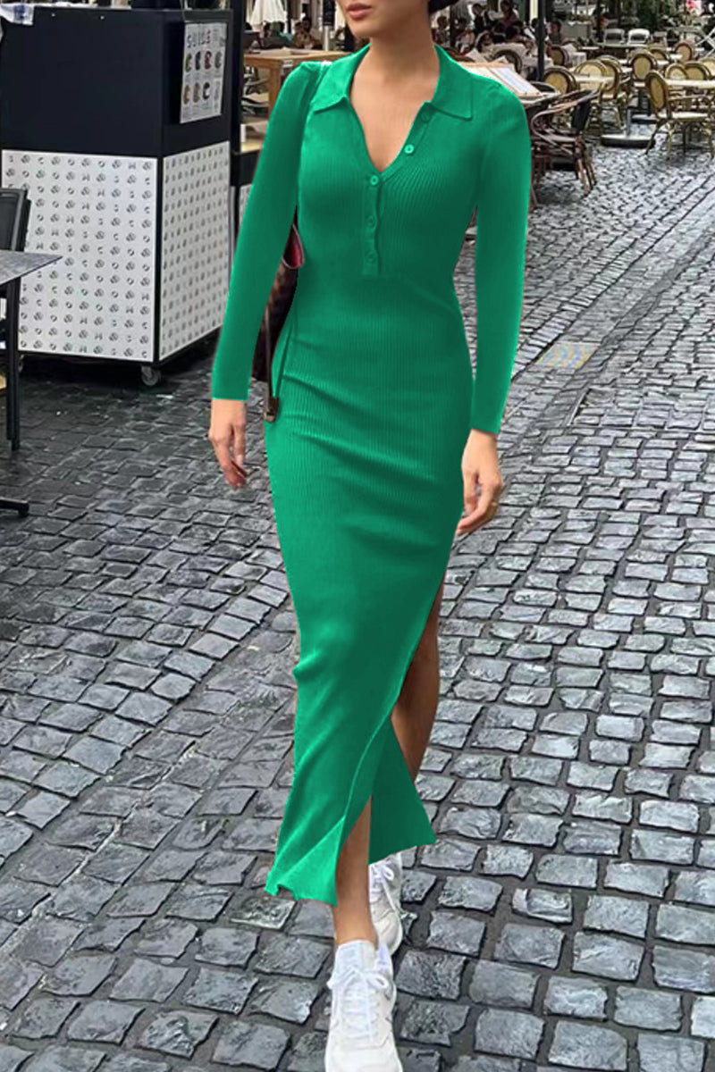 Buttons Slit Turndown Collar One Step Skirt Dresses(6 Colors)