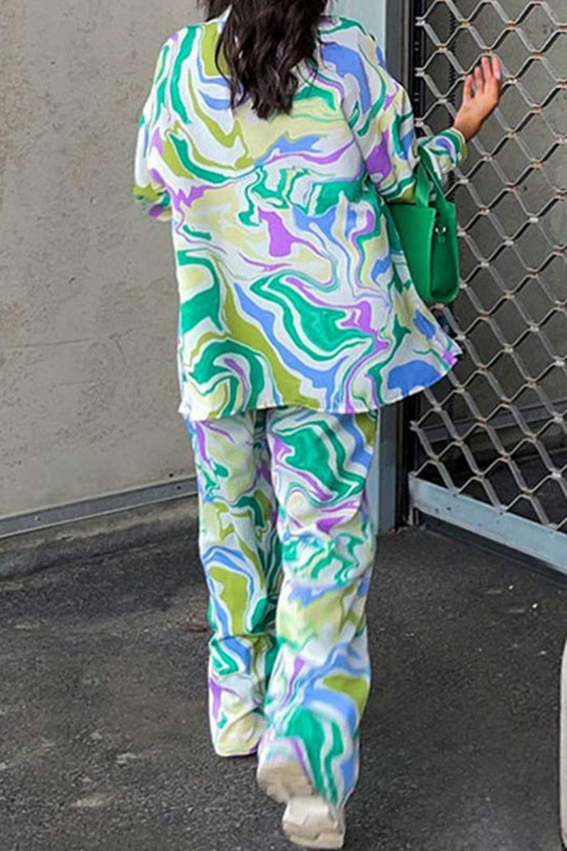 Print Cardigan Pants Turndown Collar Long Sleeve Two Pieces