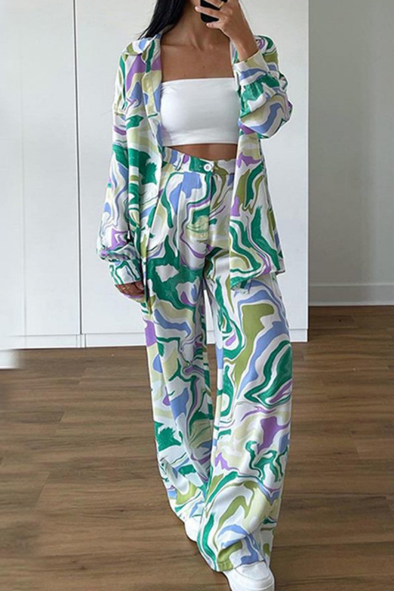 Print Cardigan Pants Turndown Collar Long Sleeve Two Pieces