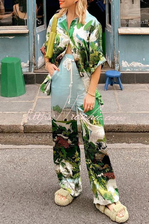 Landscape Print Button Pocket Tie Elastic Waist Pants Set