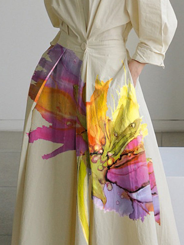 Long Sleeves Loose Printed Pleated Split-joint Tied Waist Lapel Midi Dresses Shirt Dress