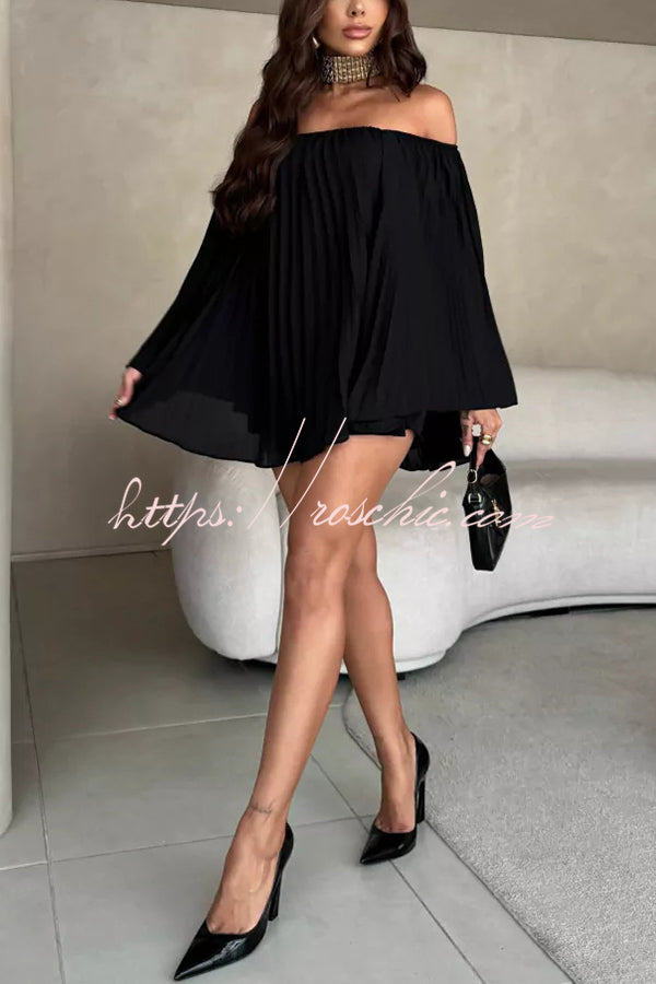 Off-the-shoulder Pleated Loose Top and Elastic Waist Shorts Set