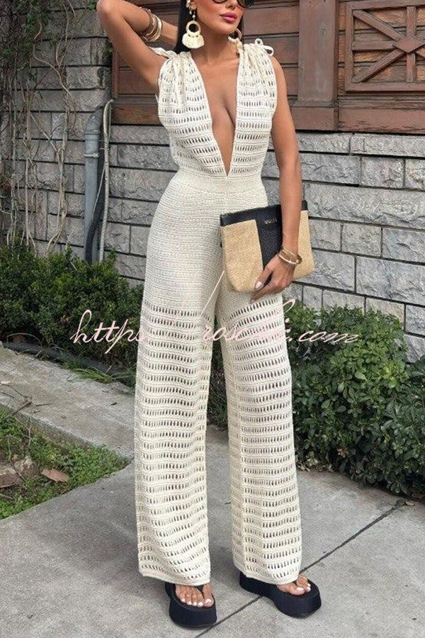 Color Knitted V-neck Holiday Hollow Jumpsuit
