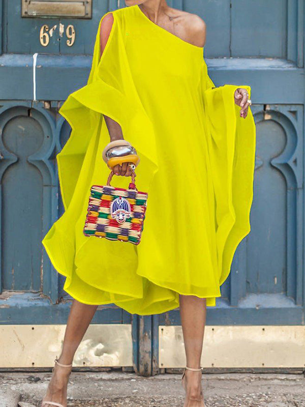 Batwing Sleeves Asymmetric Color Cold Shoulder Midi Dresses