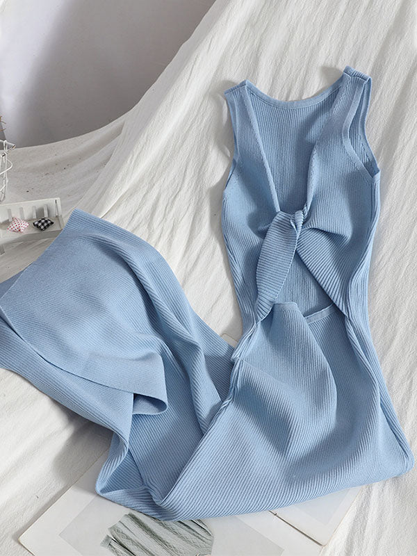 Bodycon Sleeveless Bowknot Hollow Color Midi Dresses