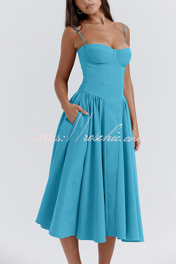 Color Slim Fit Suspender Pocket Midi Dress