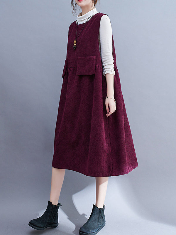 Artistic Retro Loose Sleeveless Color Round-neck Midi Dresses