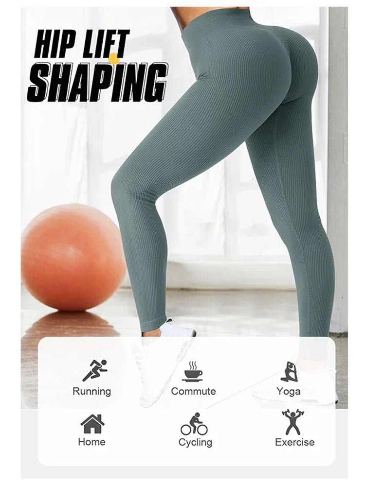 Ribbed Yoga Leggings Sports Tights Seamless Knit Yoga Pants White Femme Gym Leggings Skinny Workout Fitness Push Up