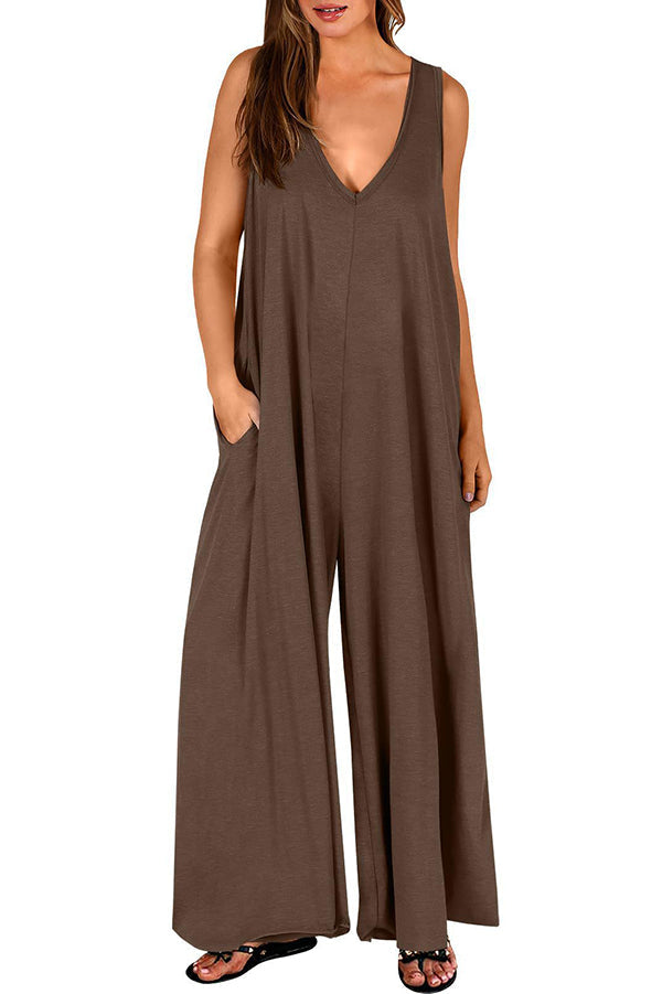 Color V-neck Sleeveless Loose Pocket Wide-leg Jumpsuit