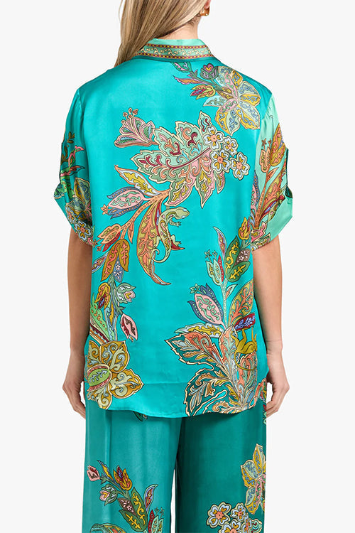Roll Up Short Sleeves Shirt and Wide Leg Pants Printed Satin Set