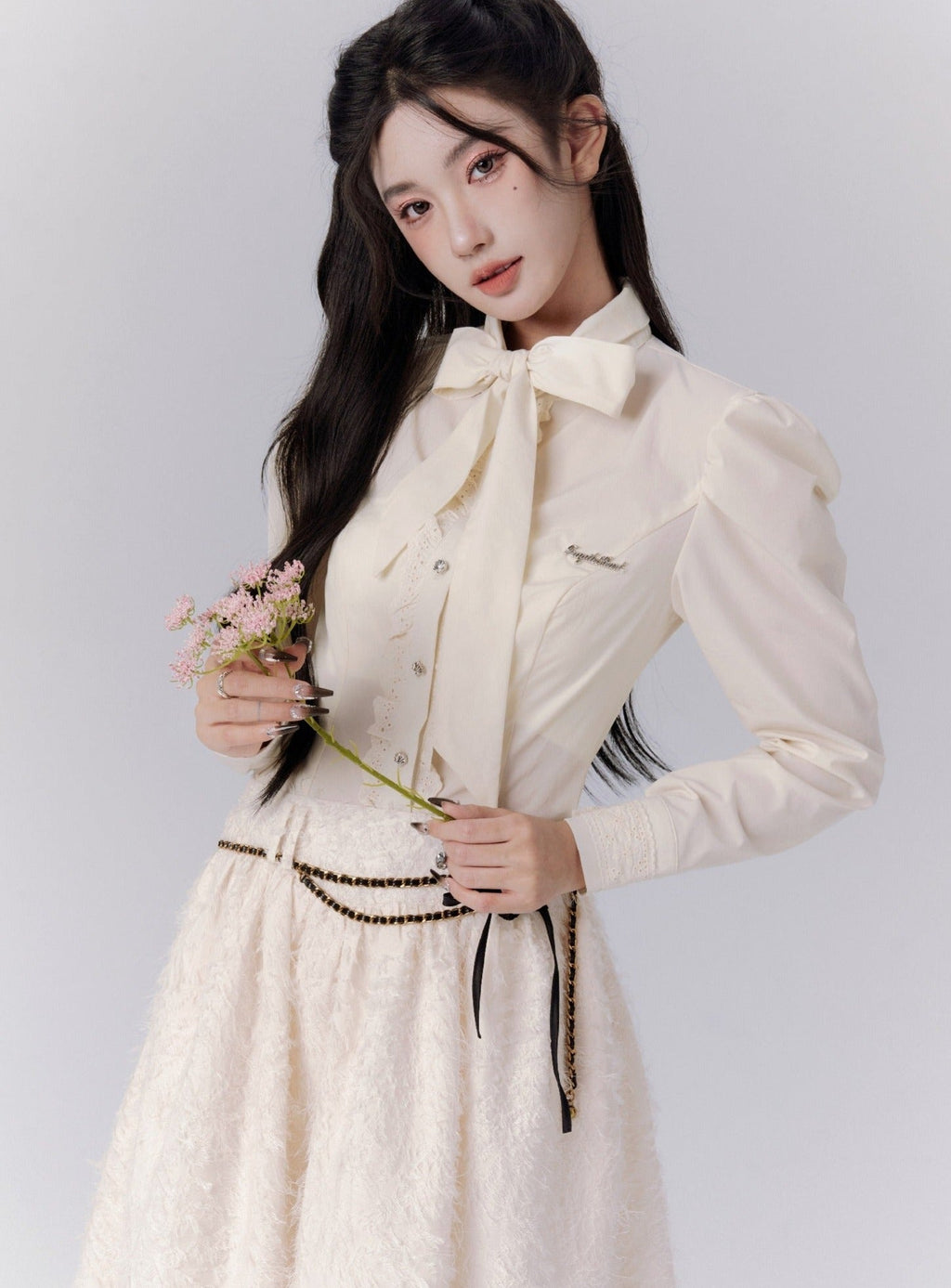 -inspired Cream Puff Sleeve Blouse and Midi Skirt Set