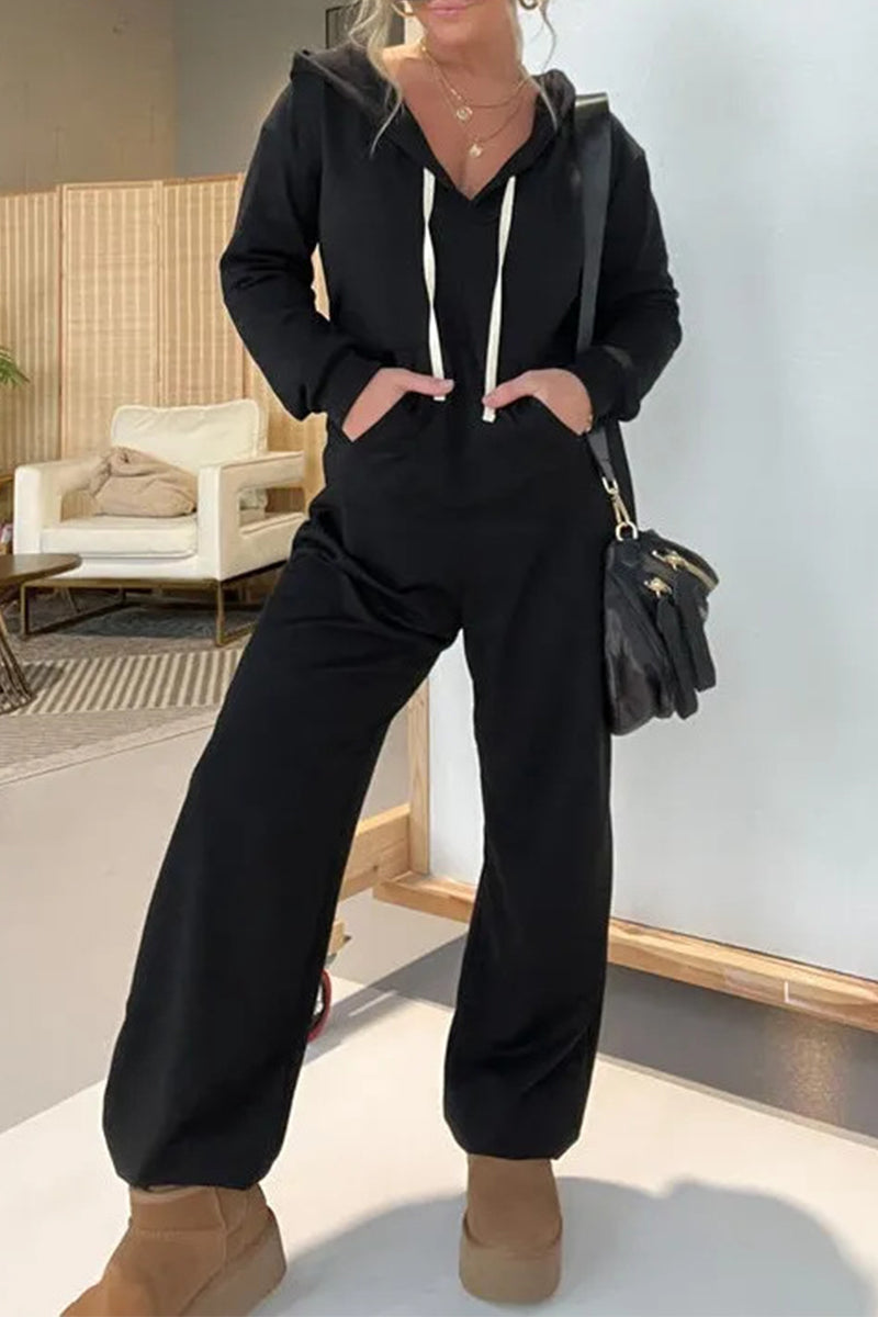 Simplicity Draw String Pocket Hooded Collar Loose Jumpsuits Ye9887
