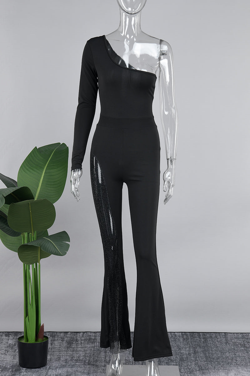 Patchwork Oblique Collar Skinny Jumpsuits
