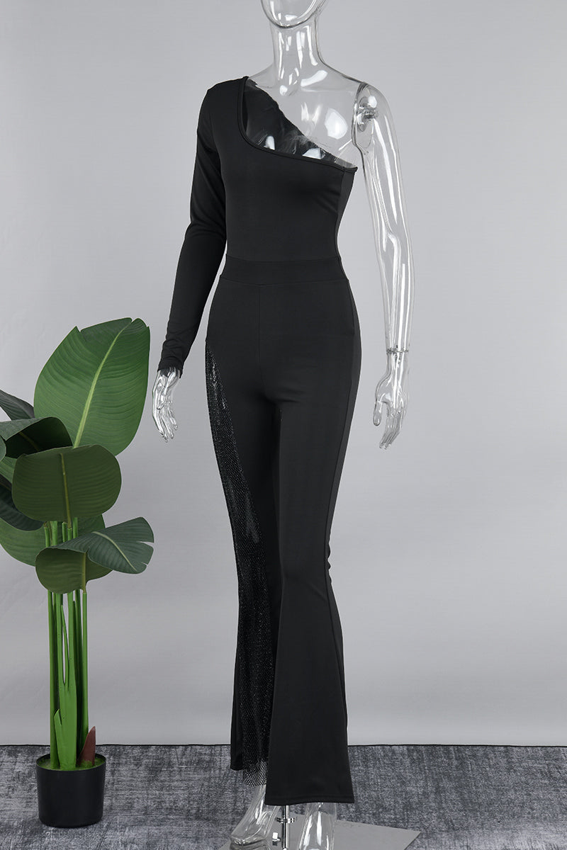 Patchwork Oblique Collar Skinny Jumpsuits