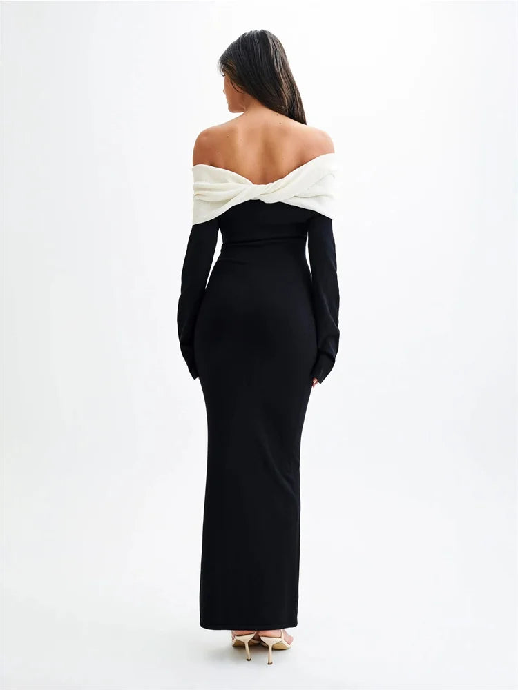 Backless Knitwear Long Dress Contrast Autumn Slim Party Dress Patchwork Knit Female Maxi Dress