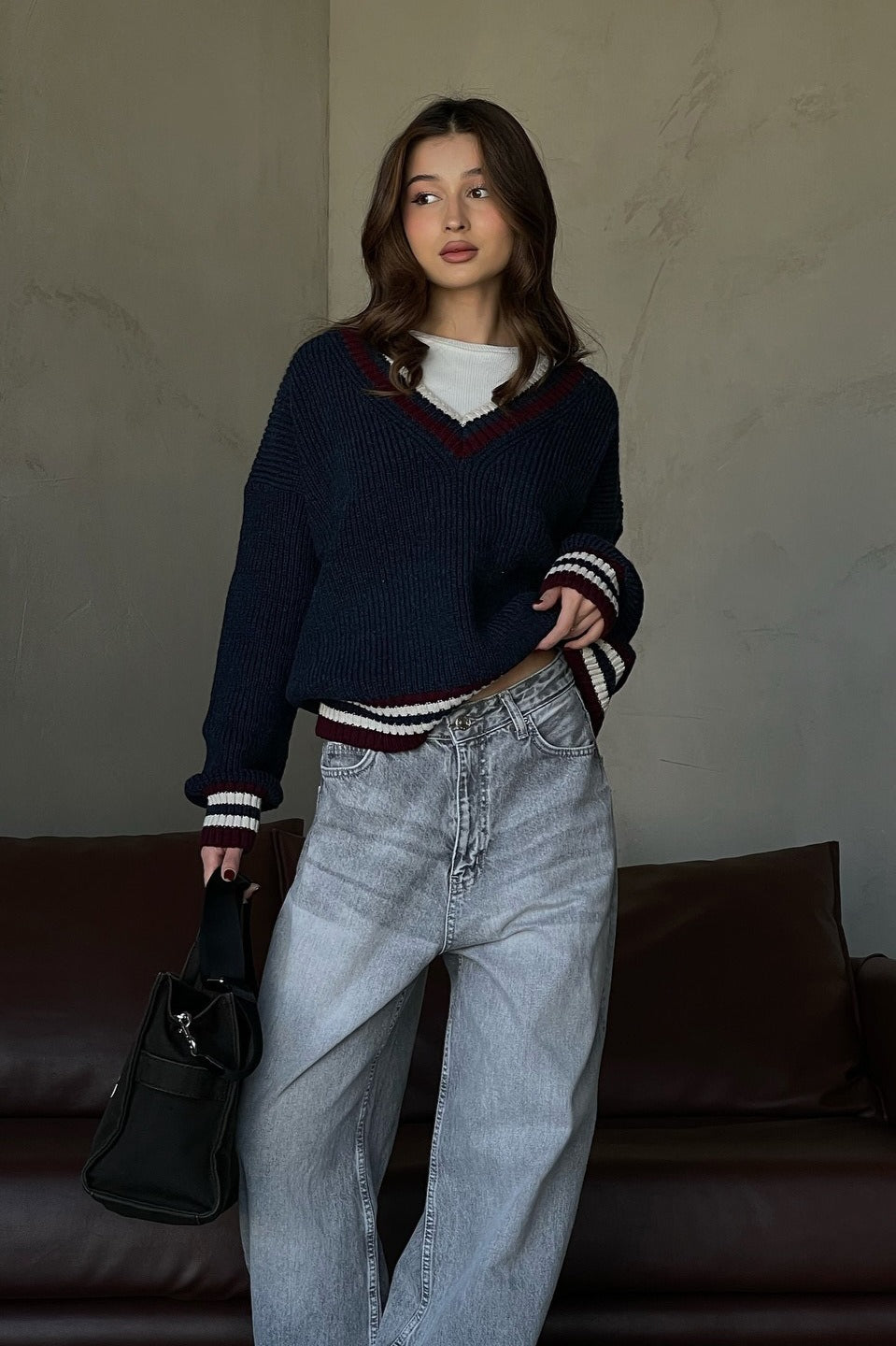 Striped Color Block V-neck Loose Knit Sweater
