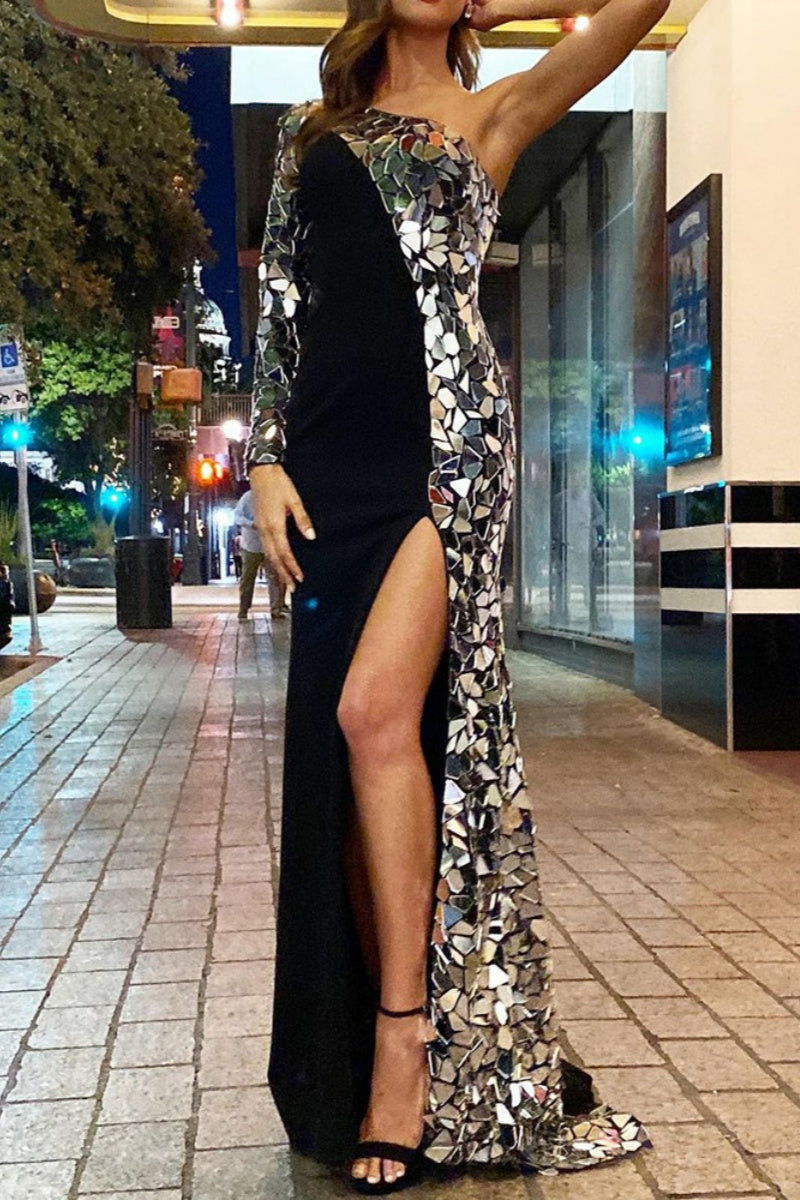 Formal Patchwork Backless Slit Oblique Collar Long Dress (subject to the Actual Object)