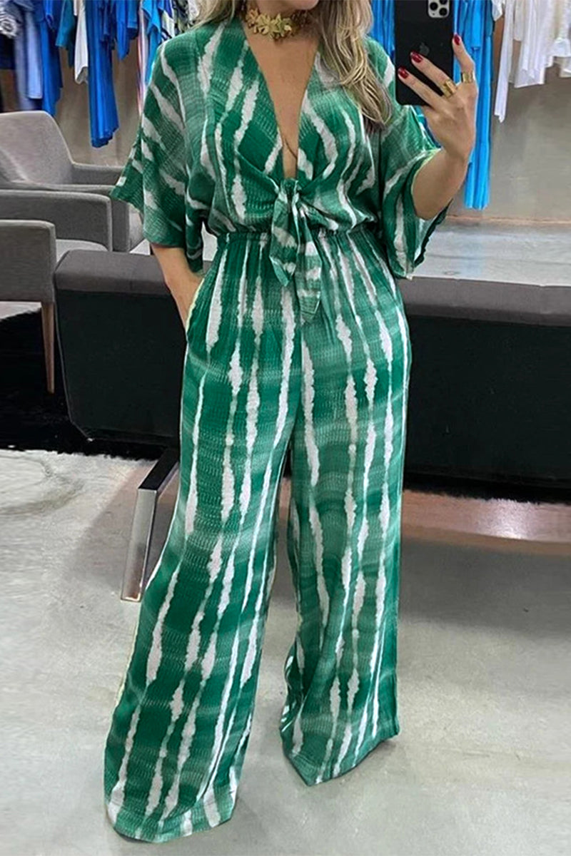 Striped Print Frenulum V Neck Loose Jumpsuits