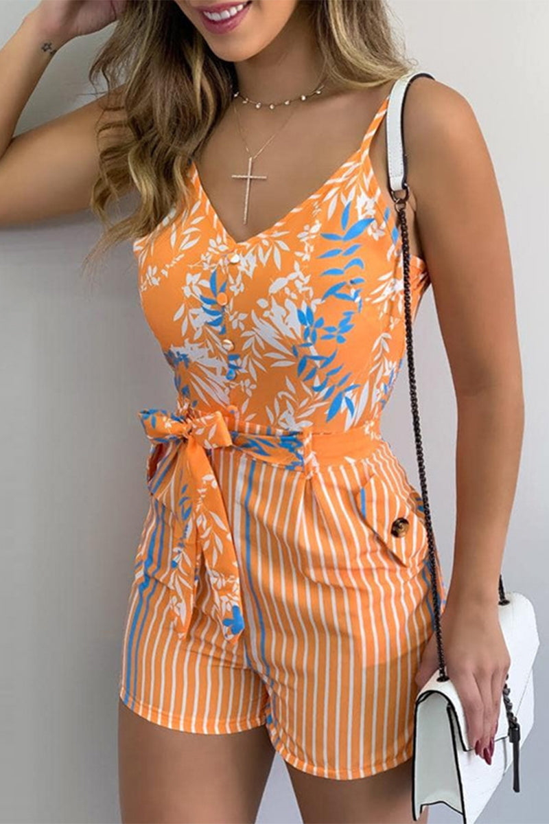Geometric Print Bandage Patchwork V Neck Regular Rompers