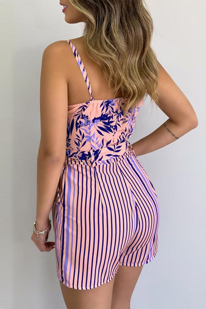 Geometric Print Bandage Patchwork V Neck Regular Rompers