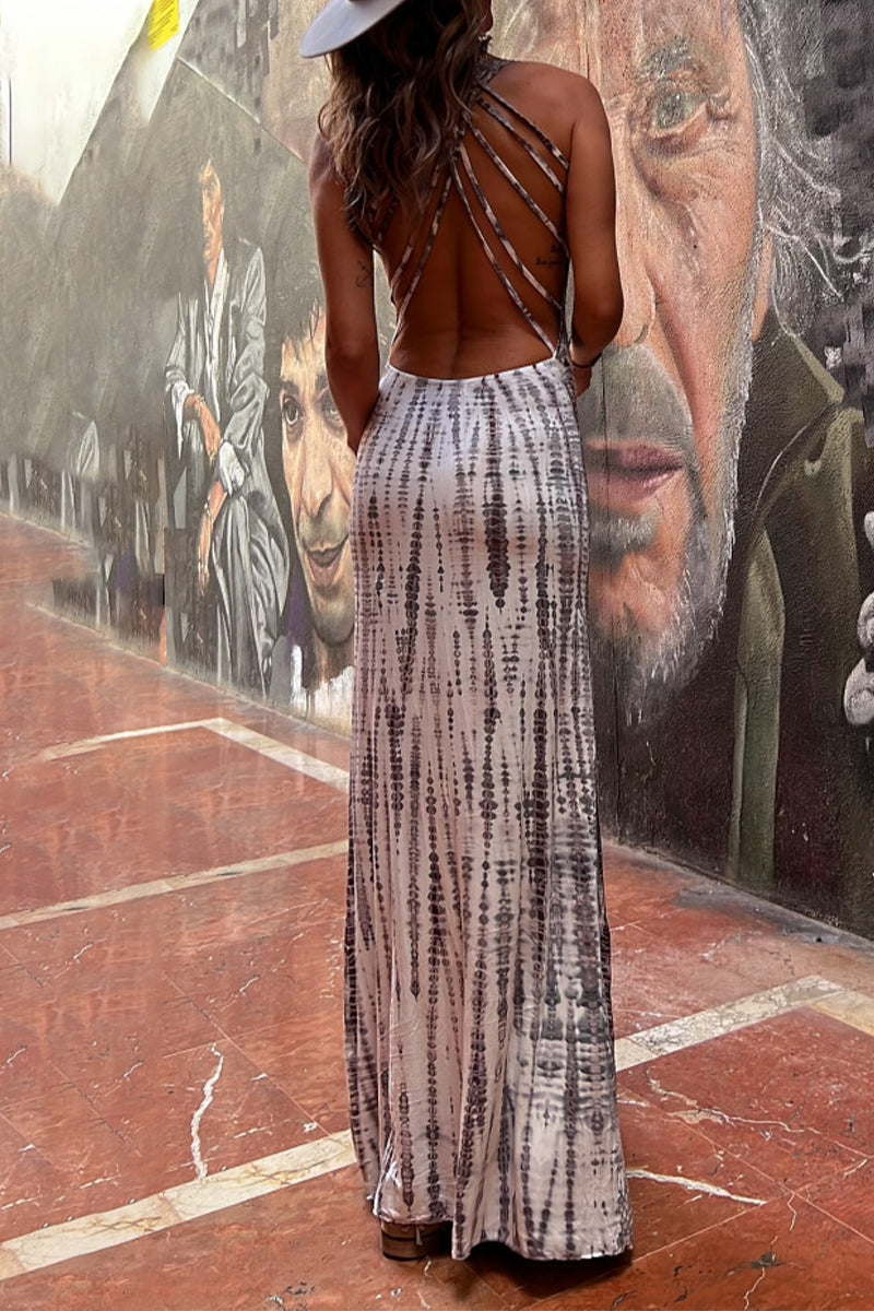 Vacation Geometric Print Backless Halter One Step Skirt Dresses