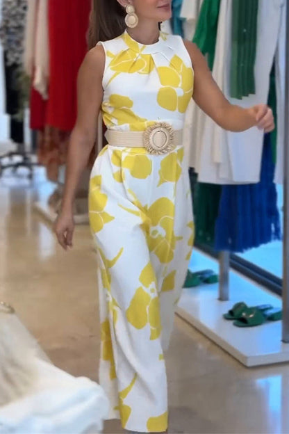 Print Flowers Patchwork Without Belt O Neck Loose Jumpsuits(no Belt)