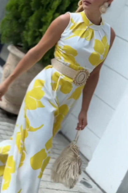 Print Flowers Patchwork Without Belt O Neck Loose Jumpsuits(no Belt)