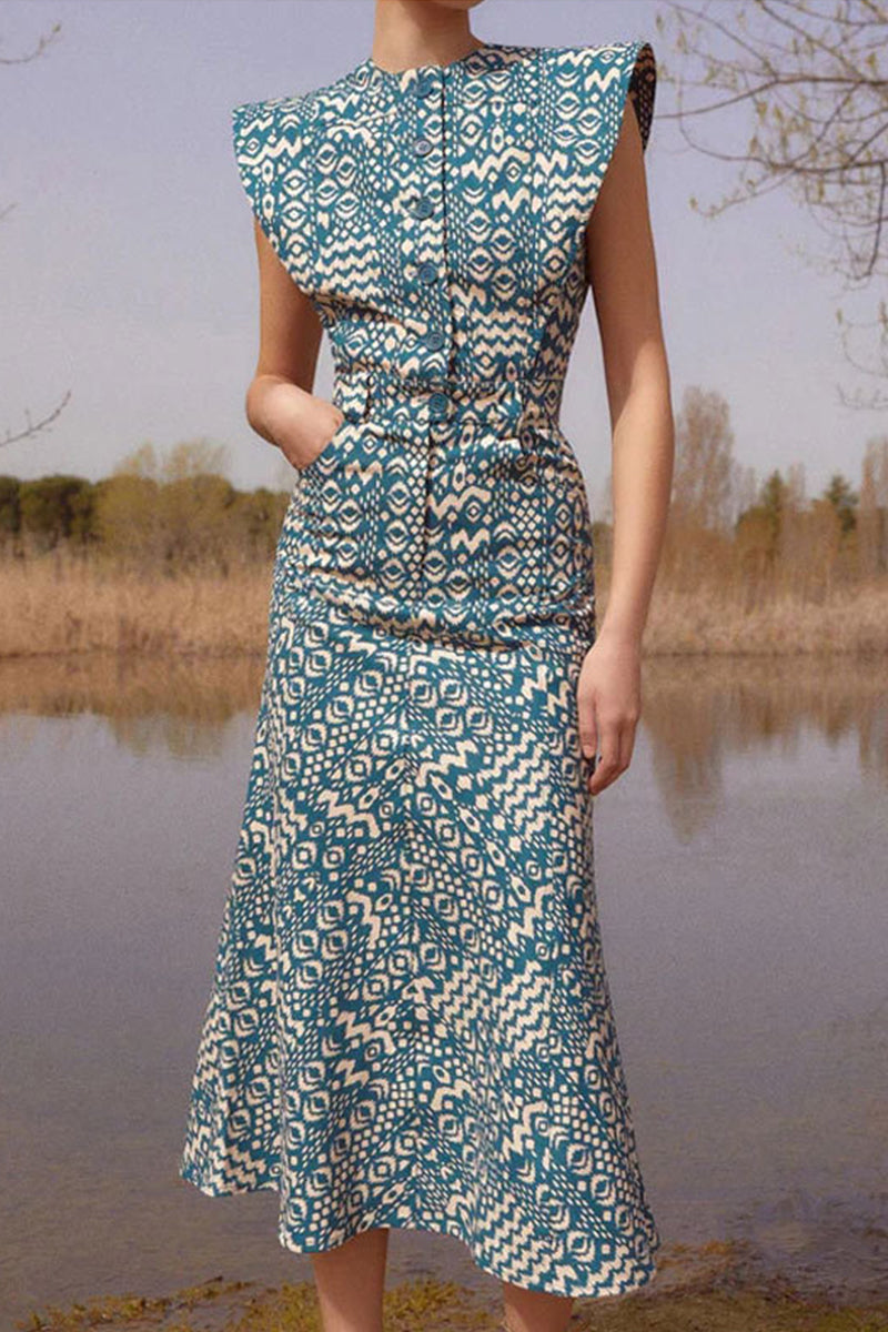Pocket Buttons O Neck One Step Skirt Dresses