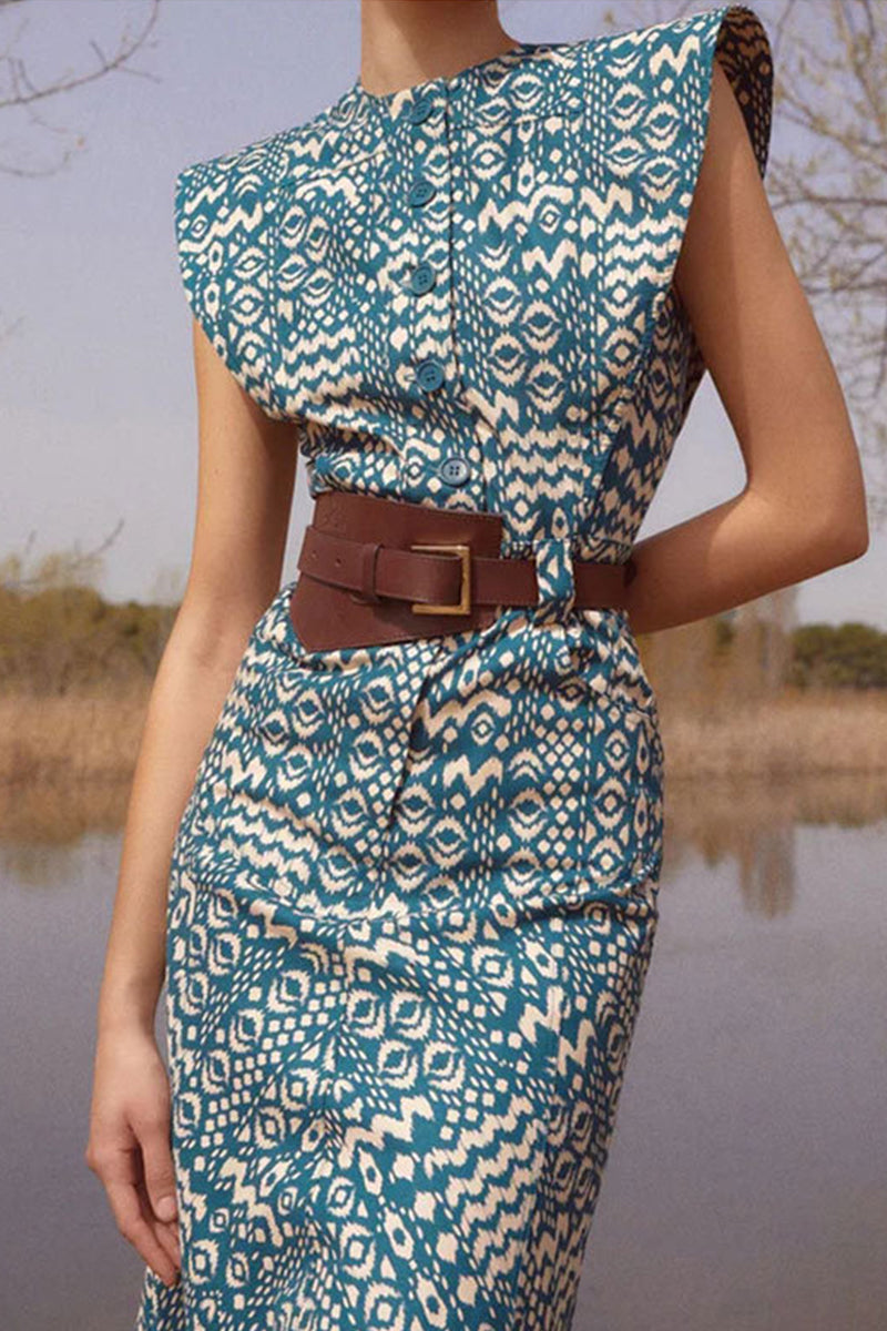 Pocket Buttons O Neck One Step Skirt Dresses