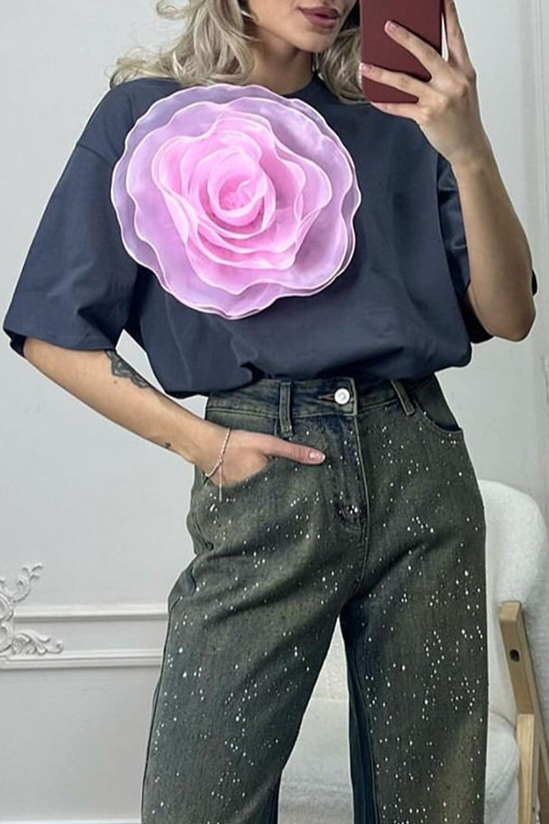 Sweet Flowers O Neck T-shirts(4 Colors)