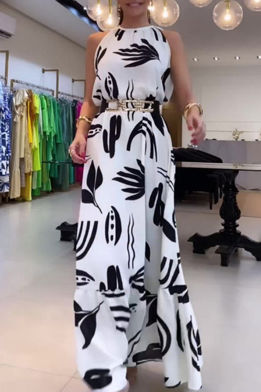 Print Lace Up With Belt O Neck Long Dresses