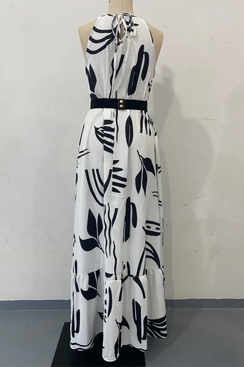 Print Lace Up With Belt O Neck Long Dresses