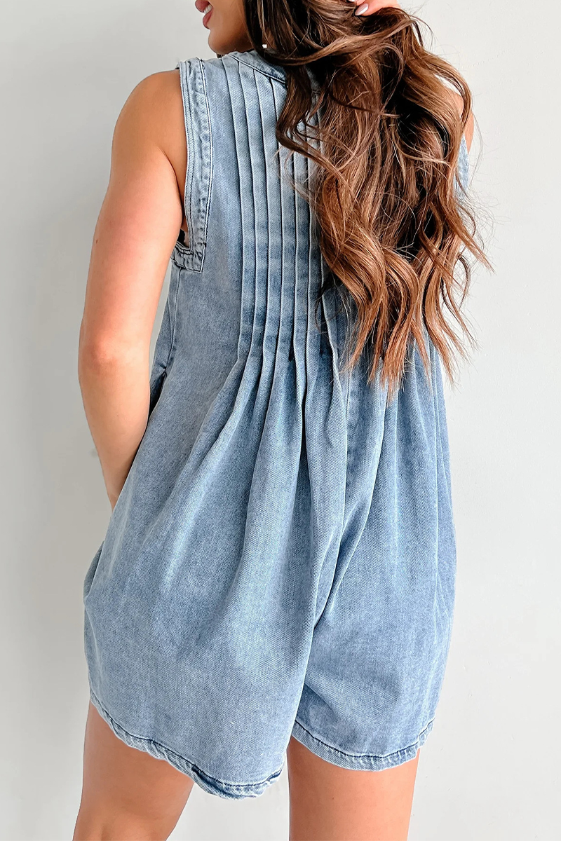 Street Pocket Lace Up V Neck Sleeveless Loose Denim Jumpsuits