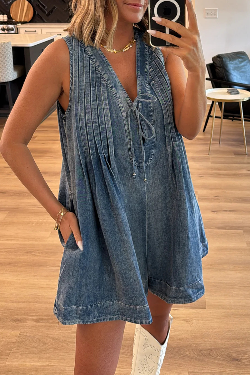 Street Pocket Lace Up V Neck Sleeveless Loose Denim Jumpsuits
