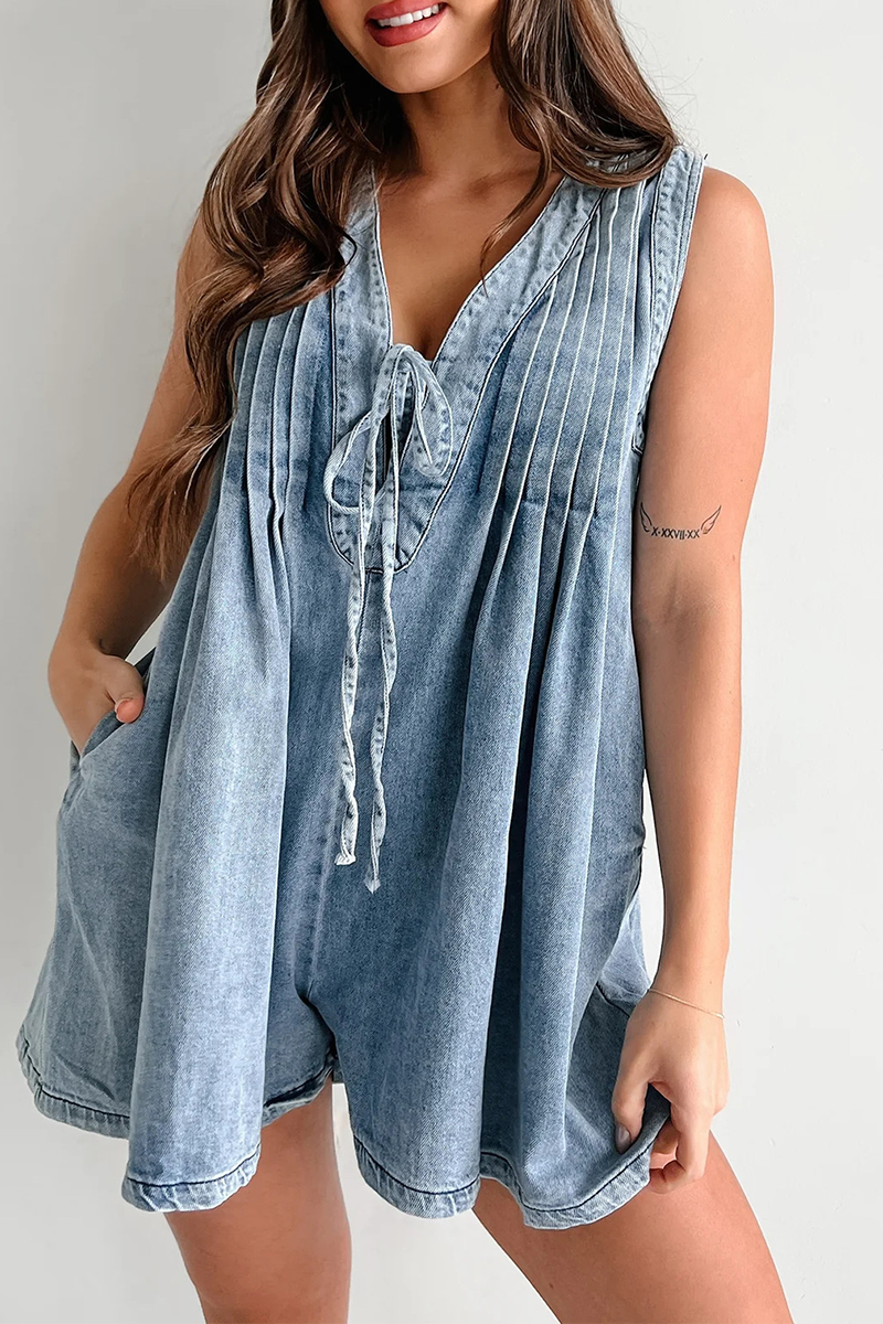 Street Pocket Lace Up V Neck Sleeveless Loose Denim Jumpsuits