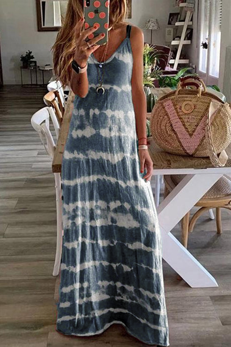 Chicindress V Neck Spaghetti Strap Tie-dye Maxi Dress(3 Colors)