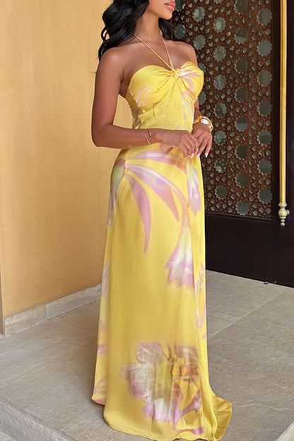 Print Backless Belted Halter Long Dresses