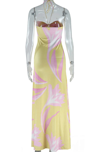 Print Backless Belted Halter Long Dresses