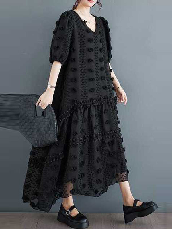 A-line Half Sleeves Elasticity Jacquard Color Split-joint V-neck Midi Dresses