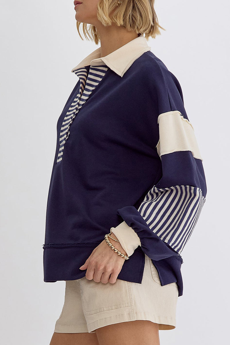 Street Stripe Patchwork Contrast Turndown Collar Hoodies(8 Colors)