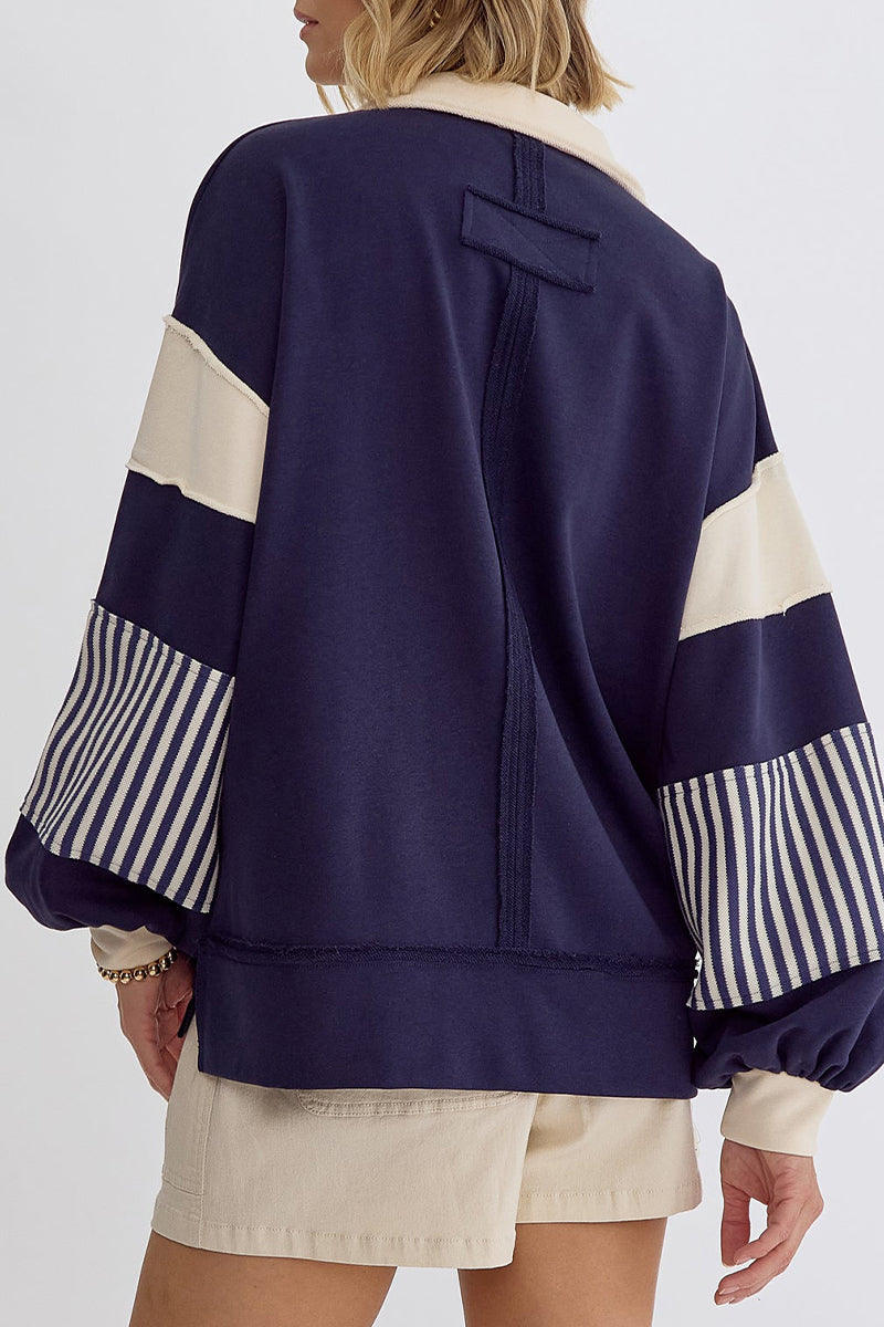 Street Stripe Patchwork Contrast Turndown Collar Hoodies(8 Colors)